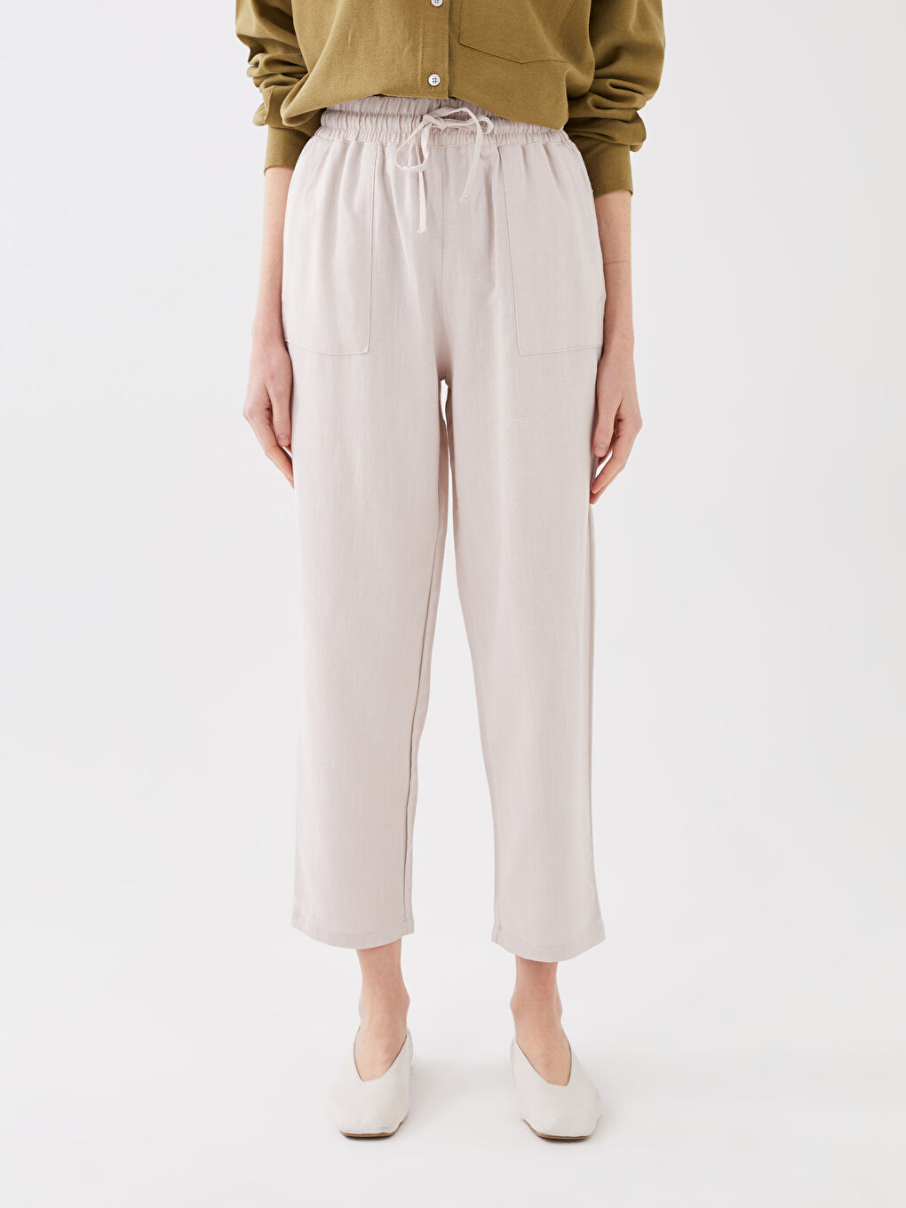 Elasticated Waist Plain Linen Blend Women's Trousers-3