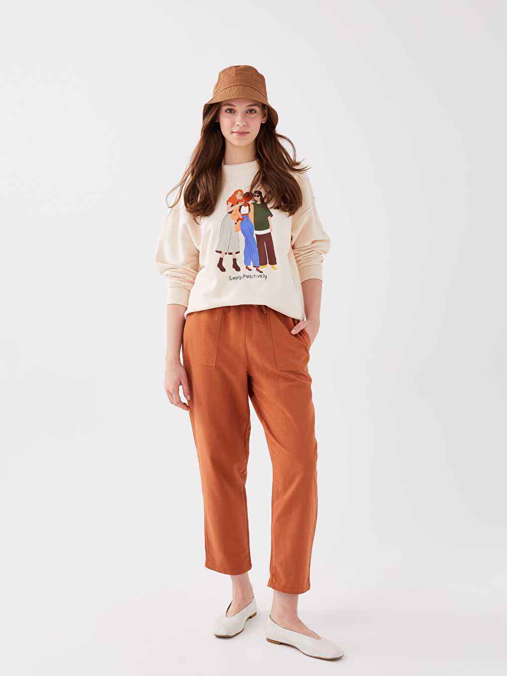 Kahverengi Beli Lastikli Düz Keten Karışımlı Kadın Pantolon