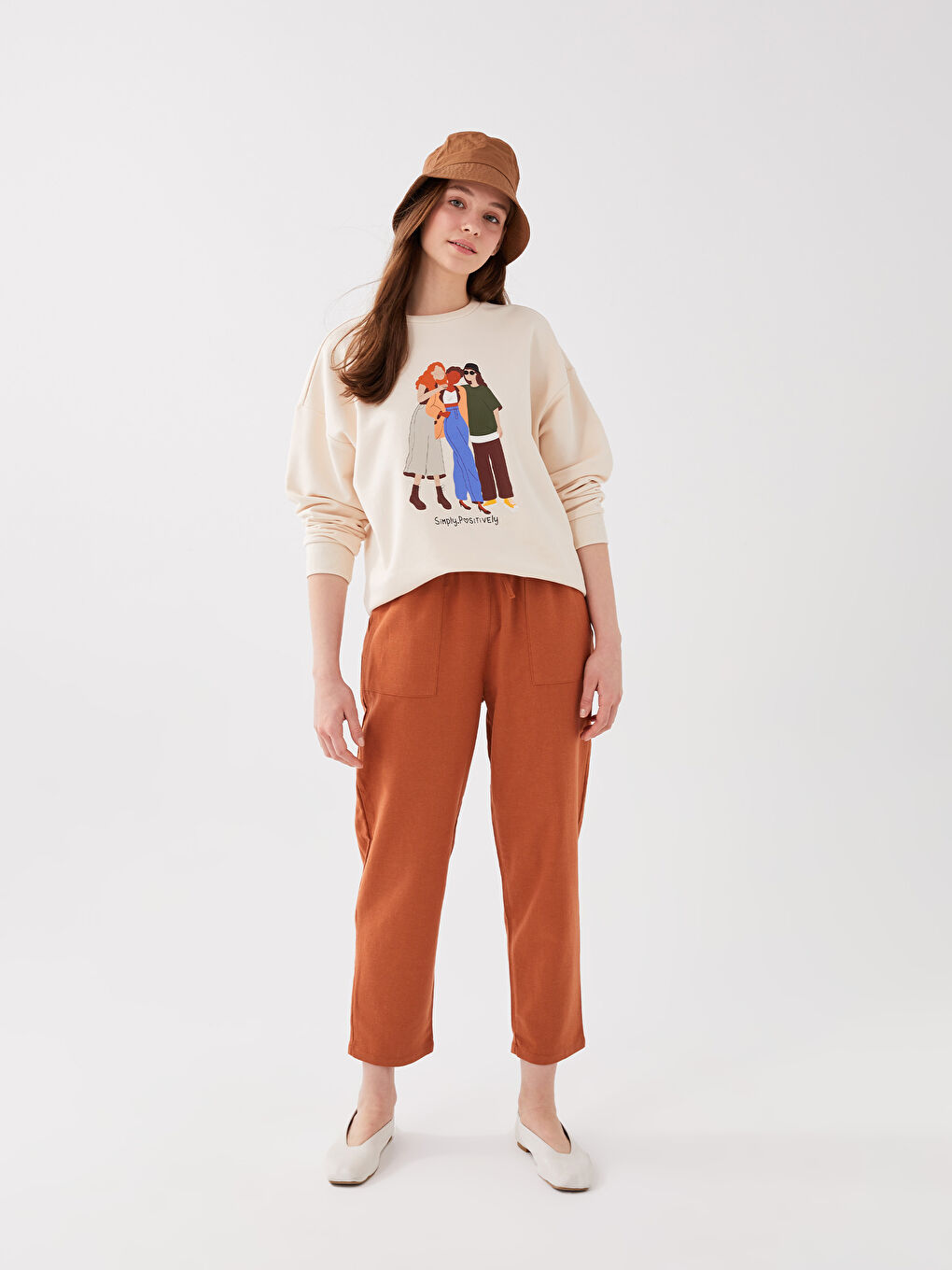 Kahverengi Beli Lastikli Düz Keten Karışımlı Kadın Pantolon-1