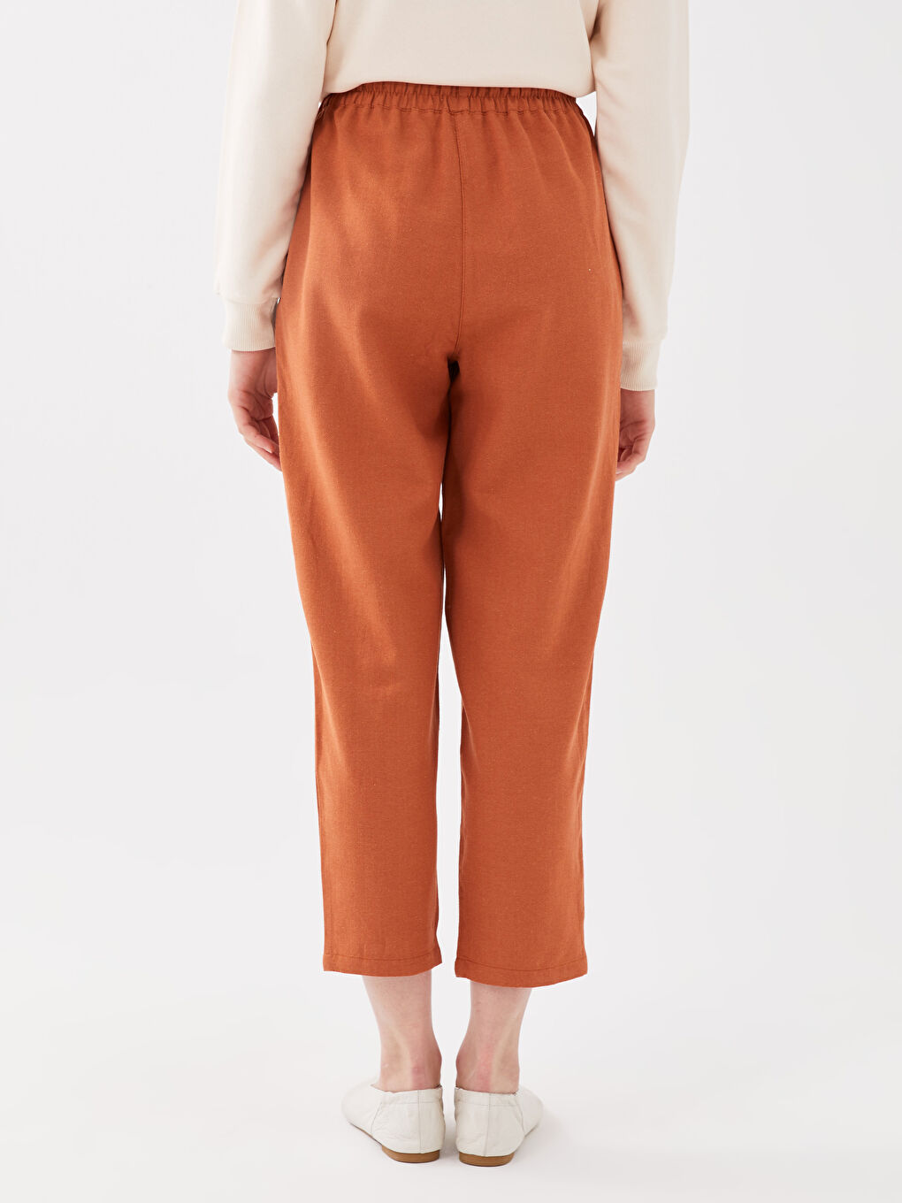 Kahverengi Beli Lastikli Düz Keten Karışımlı Kadın Pantolon-4