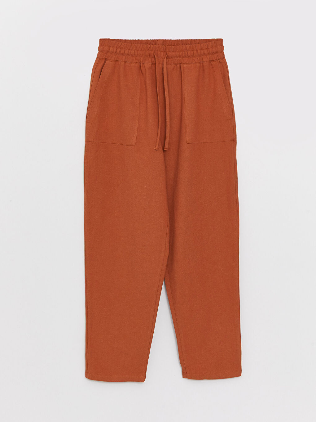 Kahverengi Beli Lastikli Düz Keten Karışımlı Kadın Pantolon-5
