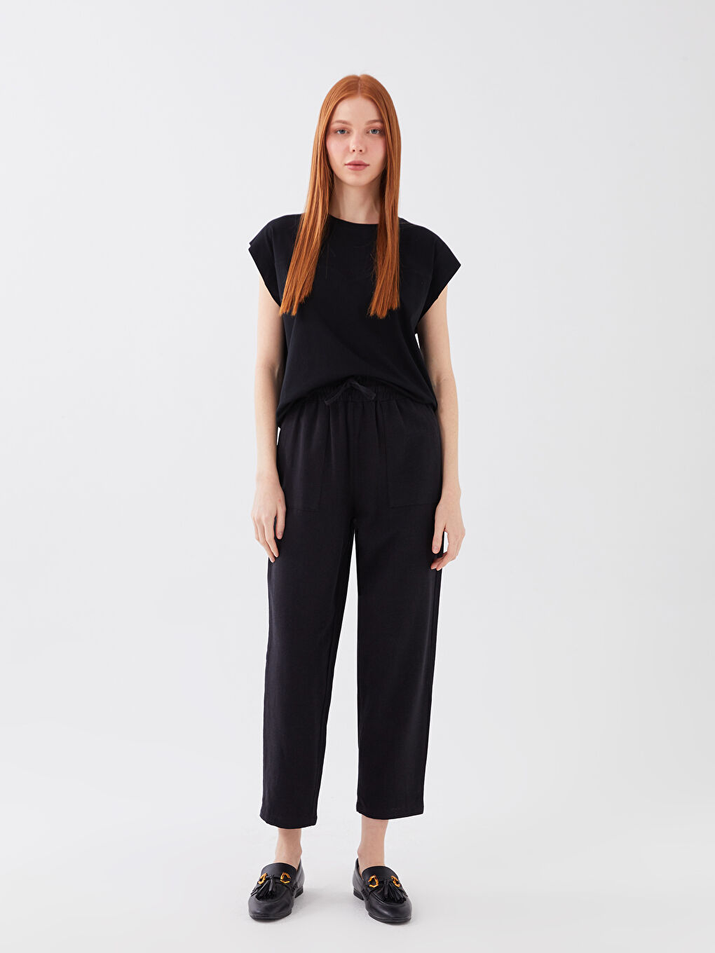 Elasticated Waist Plain Linen Blend Women's Trousers-1