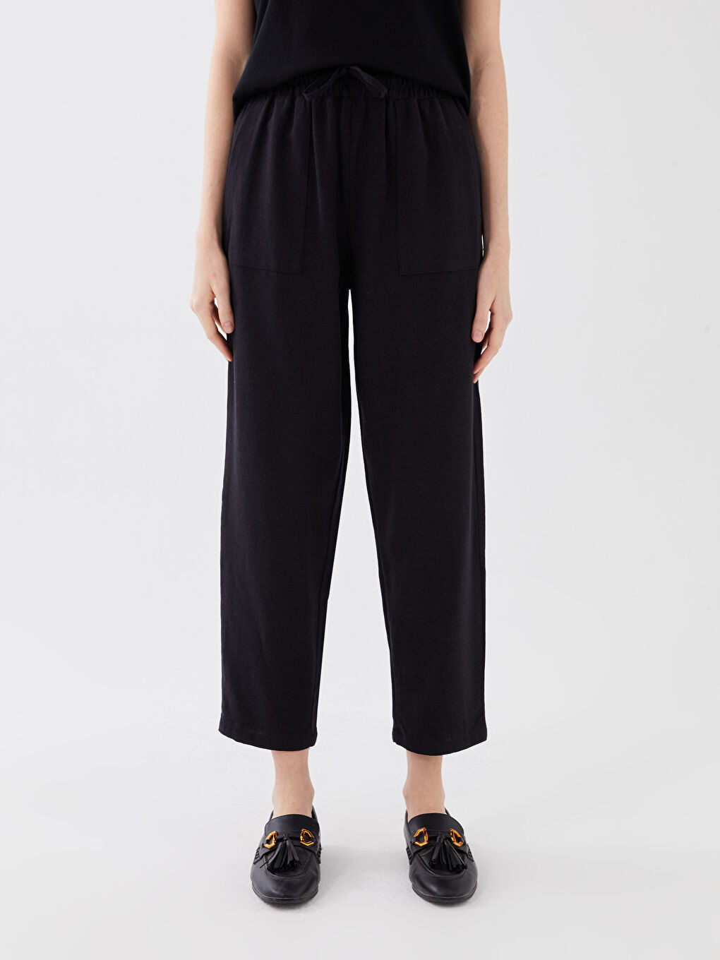 Elasticated Waist Plain Linen Blend Women's Trousers-2