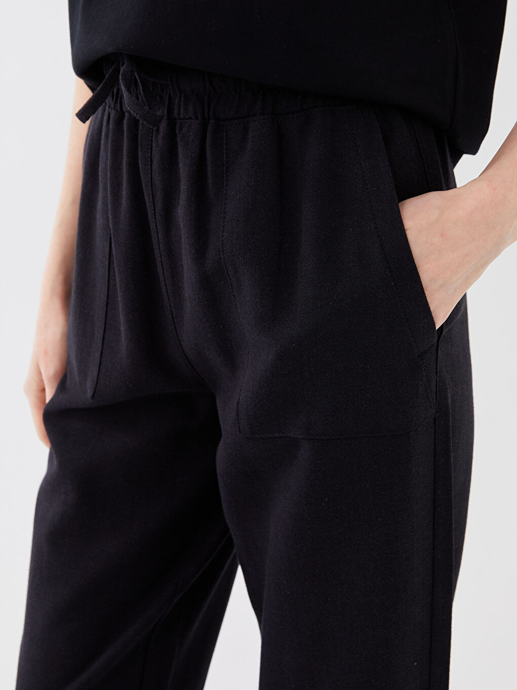 Elasticated Waist Plain Linen Blend Women's Trousers-4