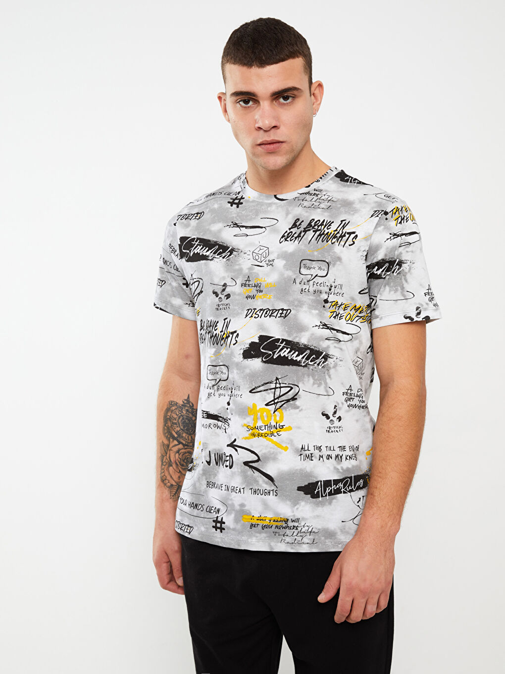 Beyaz Bisiklet Yaka Kısa Kollu Baskılı Penye Erkek Tişört-1