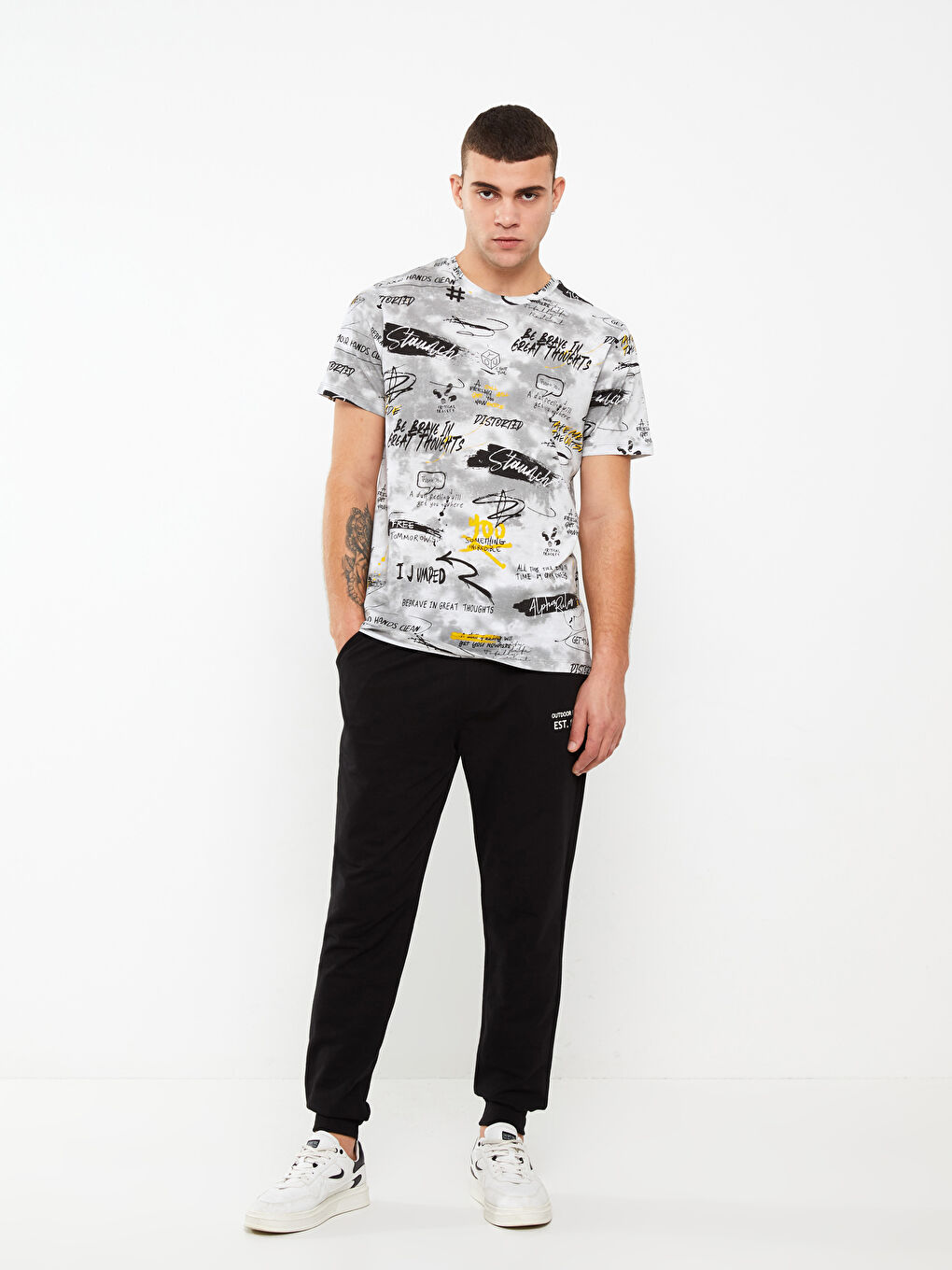 Beyaz Bisiklet Yaka Kısa Kollu Baskılı Penye Erkek Tişört-2