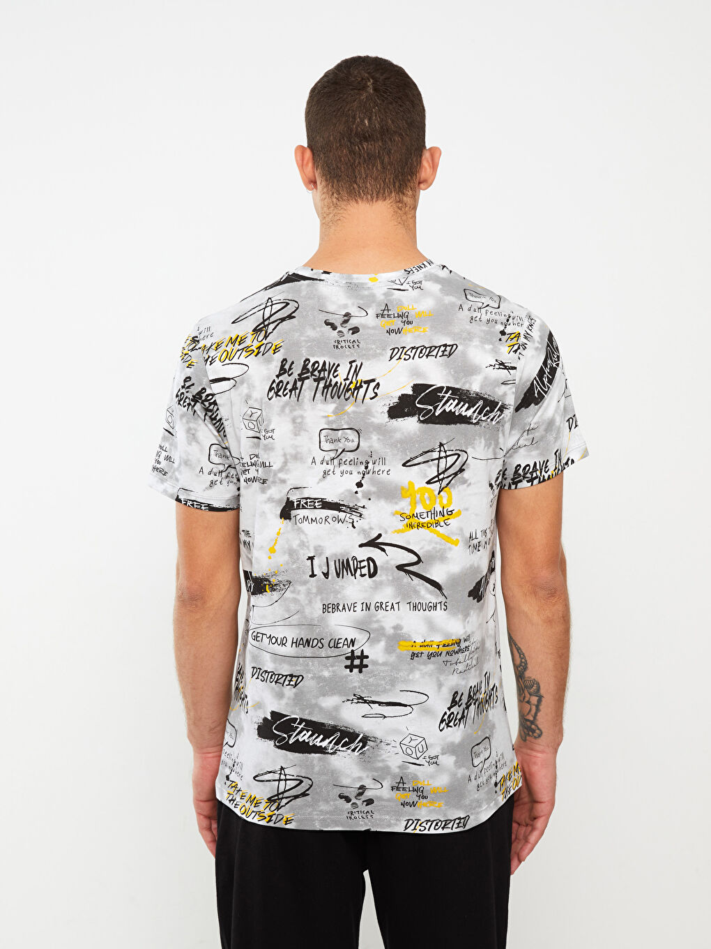 Beyaz Bisiklet Yaka Kısa Kollu Baskılı Penye Erkek Tişört-4