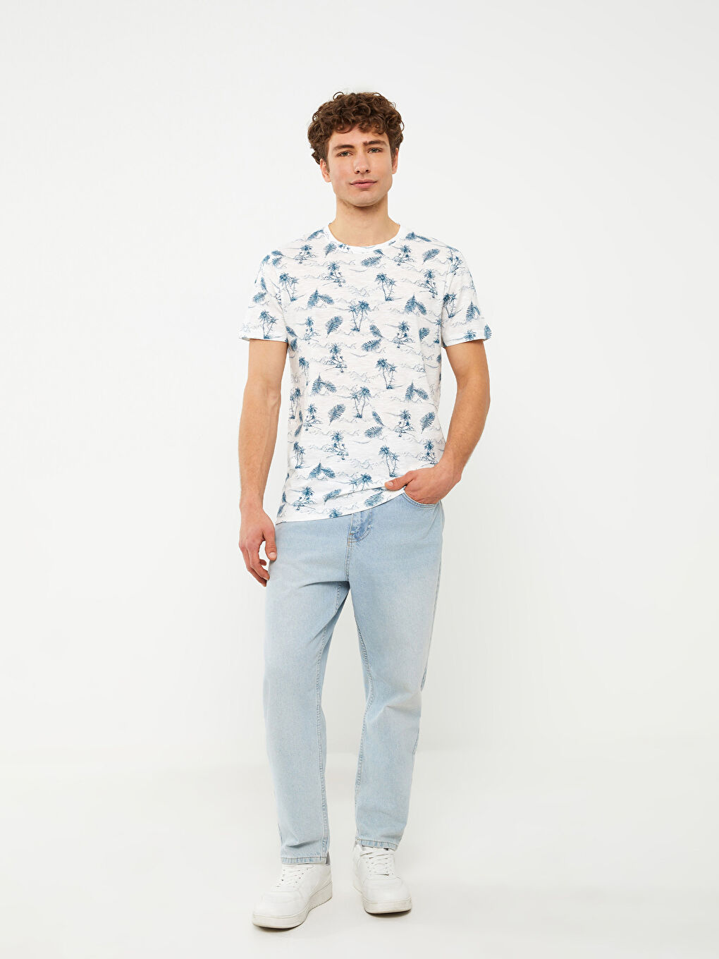 Ерлерге арналған трикотаж дөңгелек жағалы қысқа жең өрнекті футболка-2