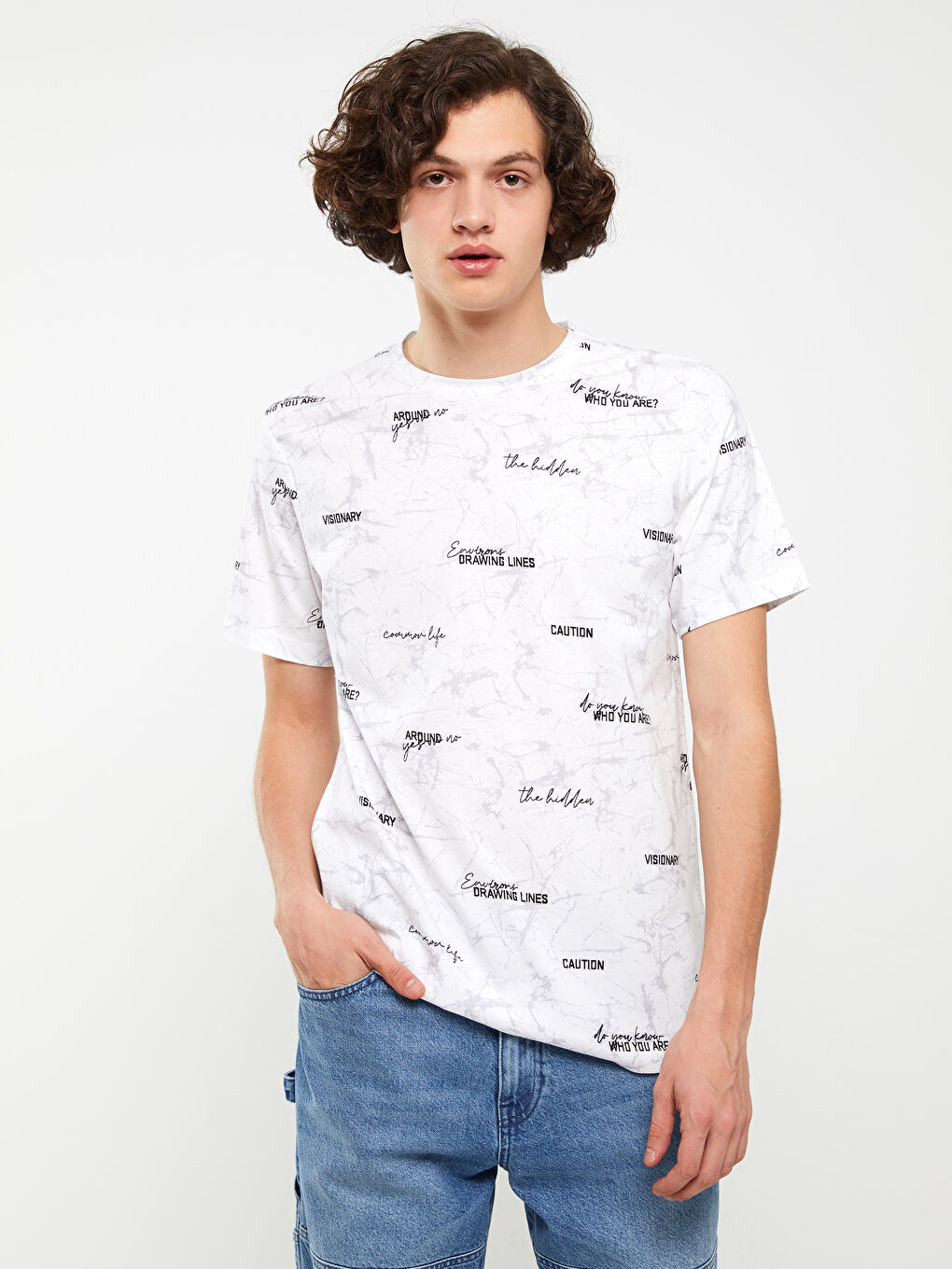 Beyaz Bisiklet Yaka Kısa Kollu Baskılı Penye Erkek Tişört