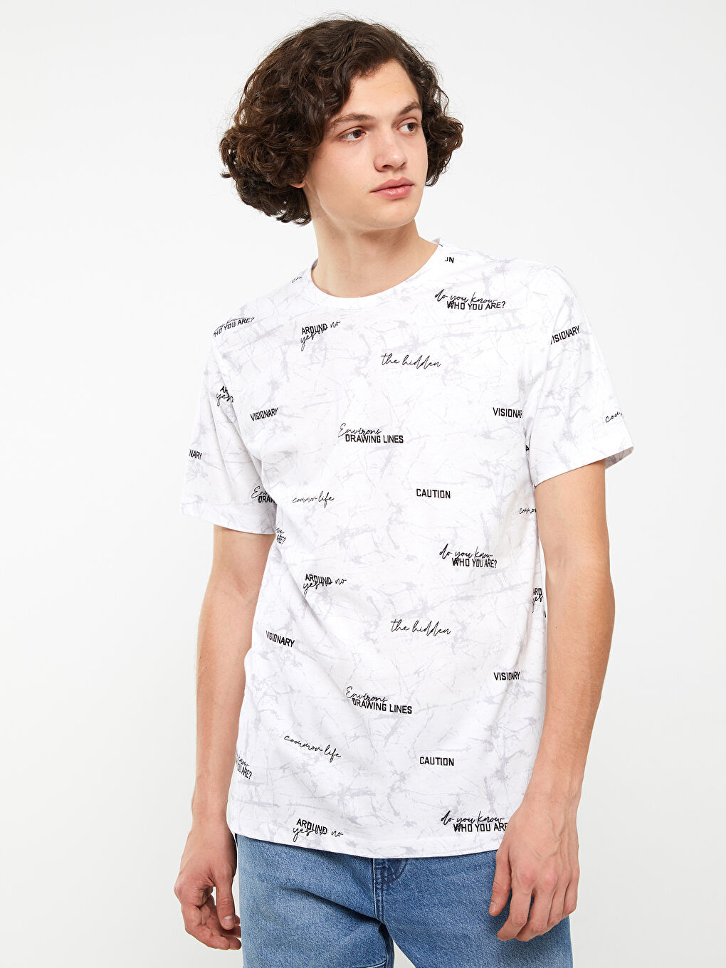 Beyaz Bisiklet Yaka Kısa Kollu Baskılı Penye Erkek Tişört-1