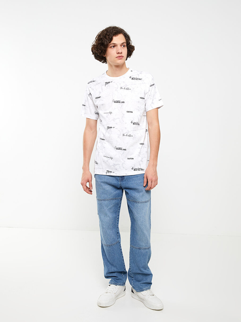 Beyaz Bisiklet Yaka Kısa Kollu Baskılı Penye Erkek Tişört-2