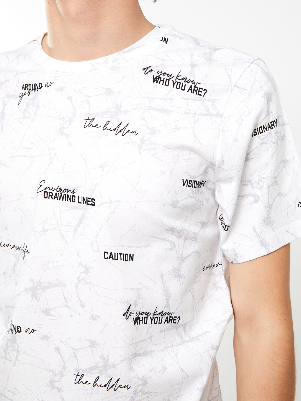 Beyaz Bisiklet Yaka Kısa Kollu Baskılı Penye Erkek Tişört-3