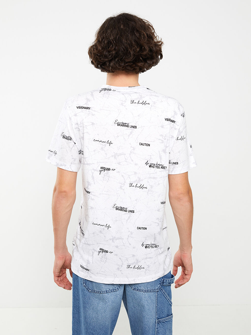 Beyaz Bisiklet Yaka Kısa Kollu Baskılı Penye Erkek Tişört-4