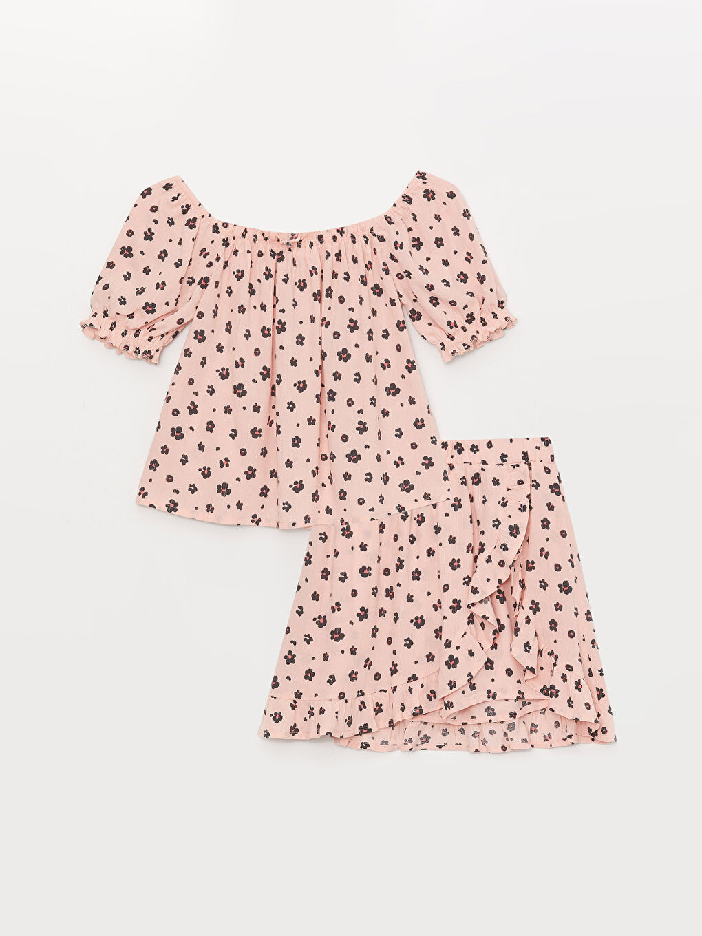 Pembe Kayık Yaka Desenli Kısa Kollu Kız Çocuk Tişört ve Şort Etek
