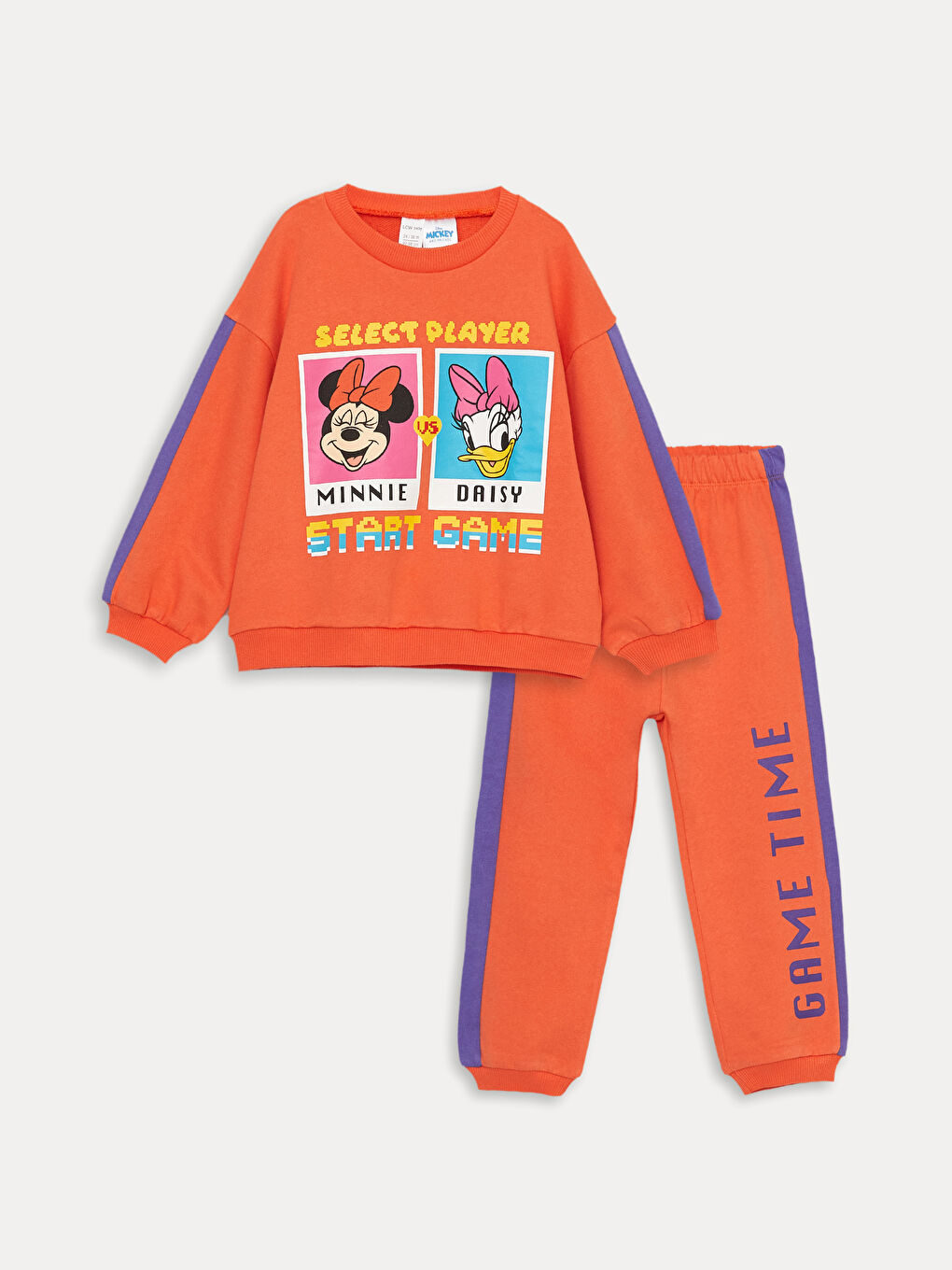 Turuncu Bisiklet Yaka Uzun Kollu Minnie Mouse Baskılı Kız Bebek Sweatshirt ve Eşofman Alt 2'li Takım-3