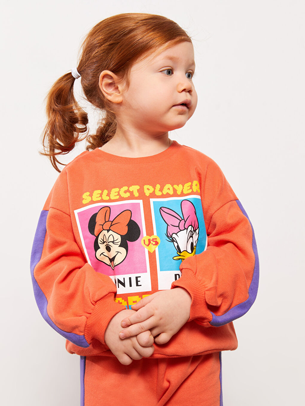 Turuncu Bisiklet Yaka Uzun Kollu Minnie Mouse Baskılı Kız Bebek Sweatshirt ve Eşofman Alt 2'li Takım-1