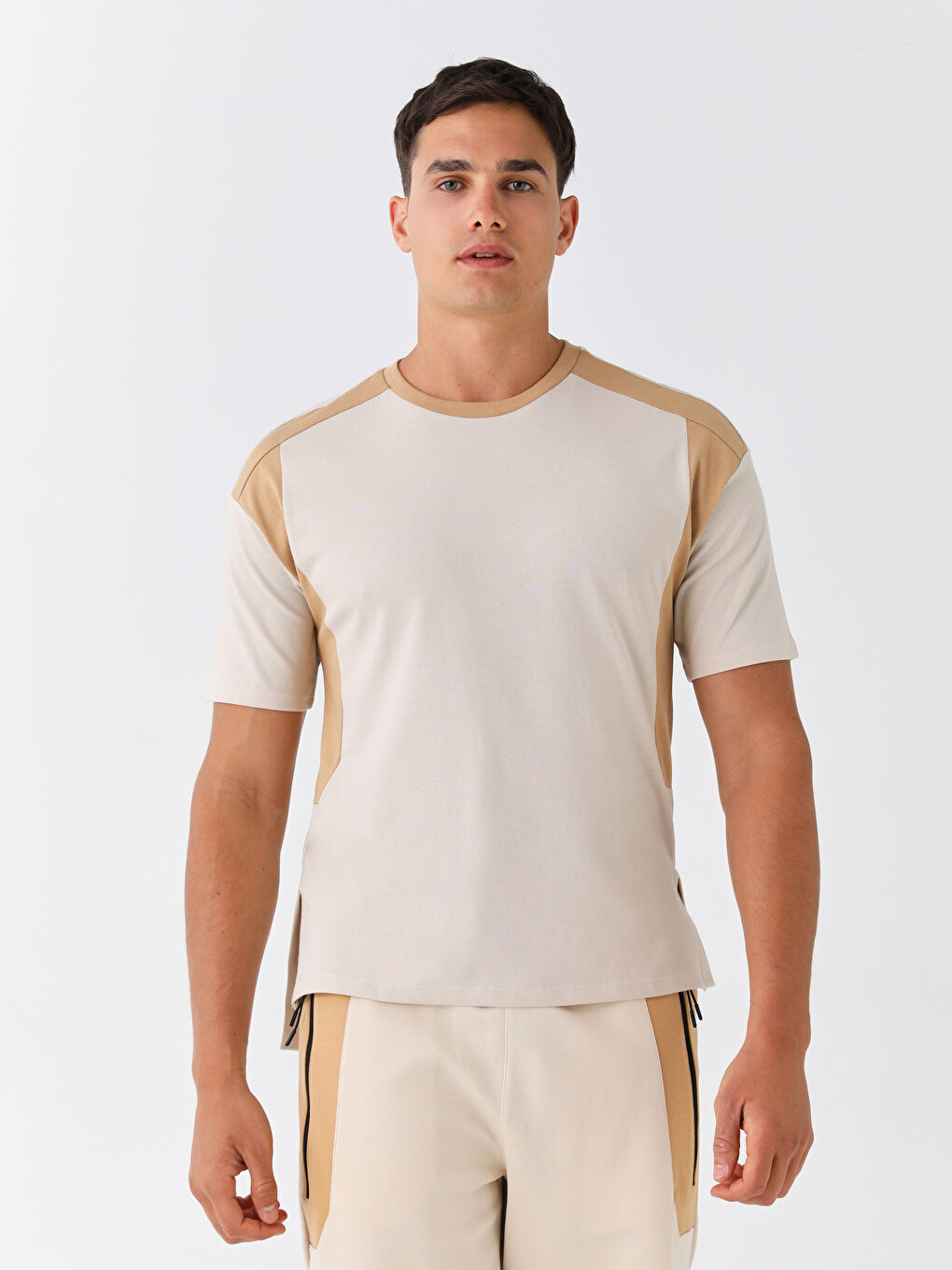 Bej Bisiklet Yaka Kısa Kollu Erkek Spor Tişört-1