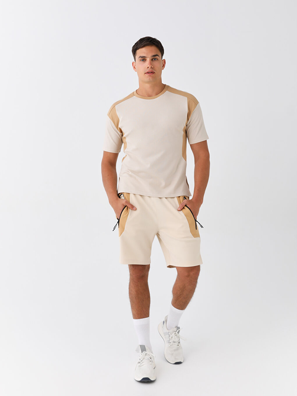 Bej Bisiklet Yaka Kısa Kollu Erkek Spor Tişört-2