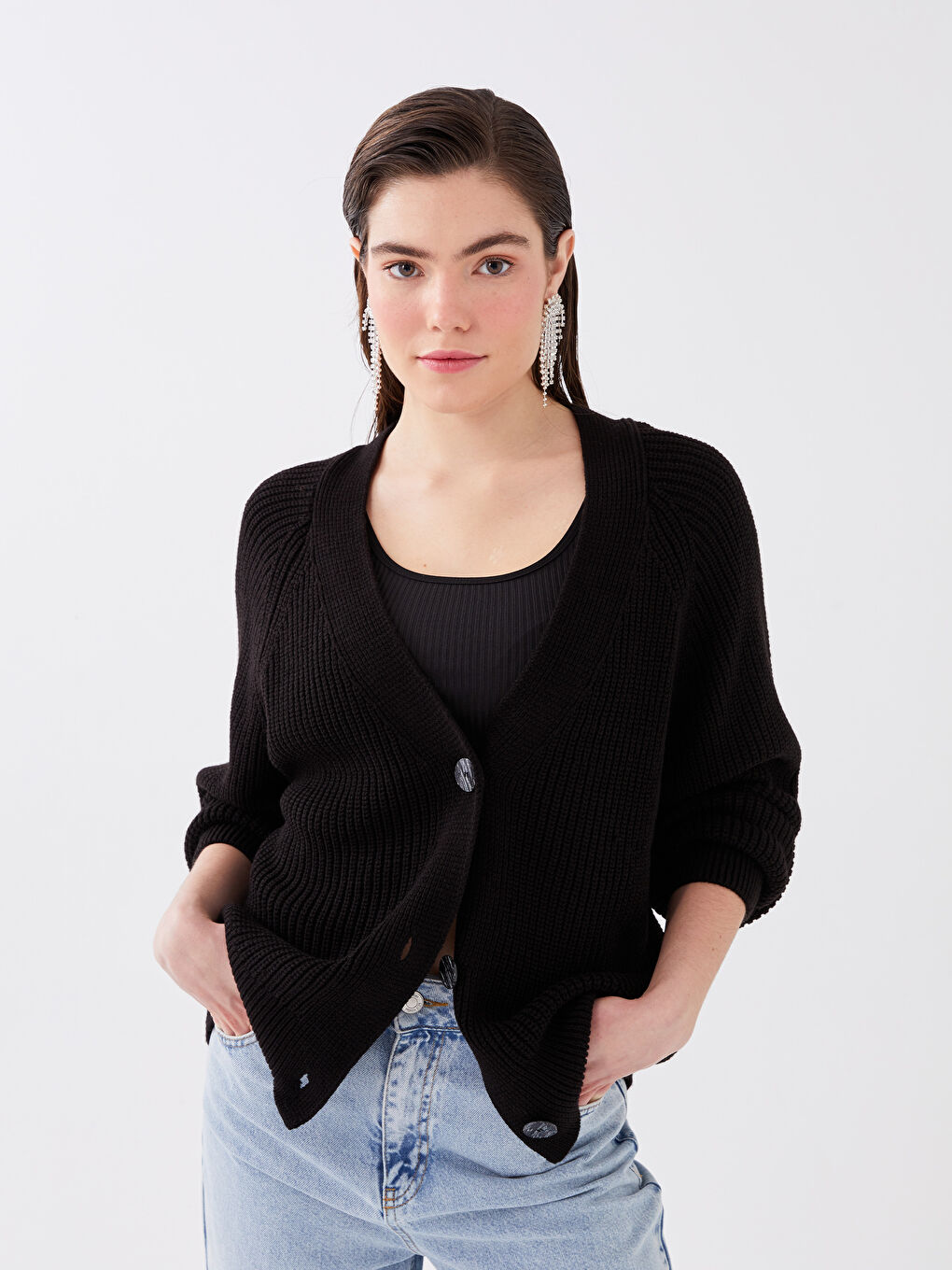 LCW Vision Siyah V Yaka Oversize Kadın Triko Hırka