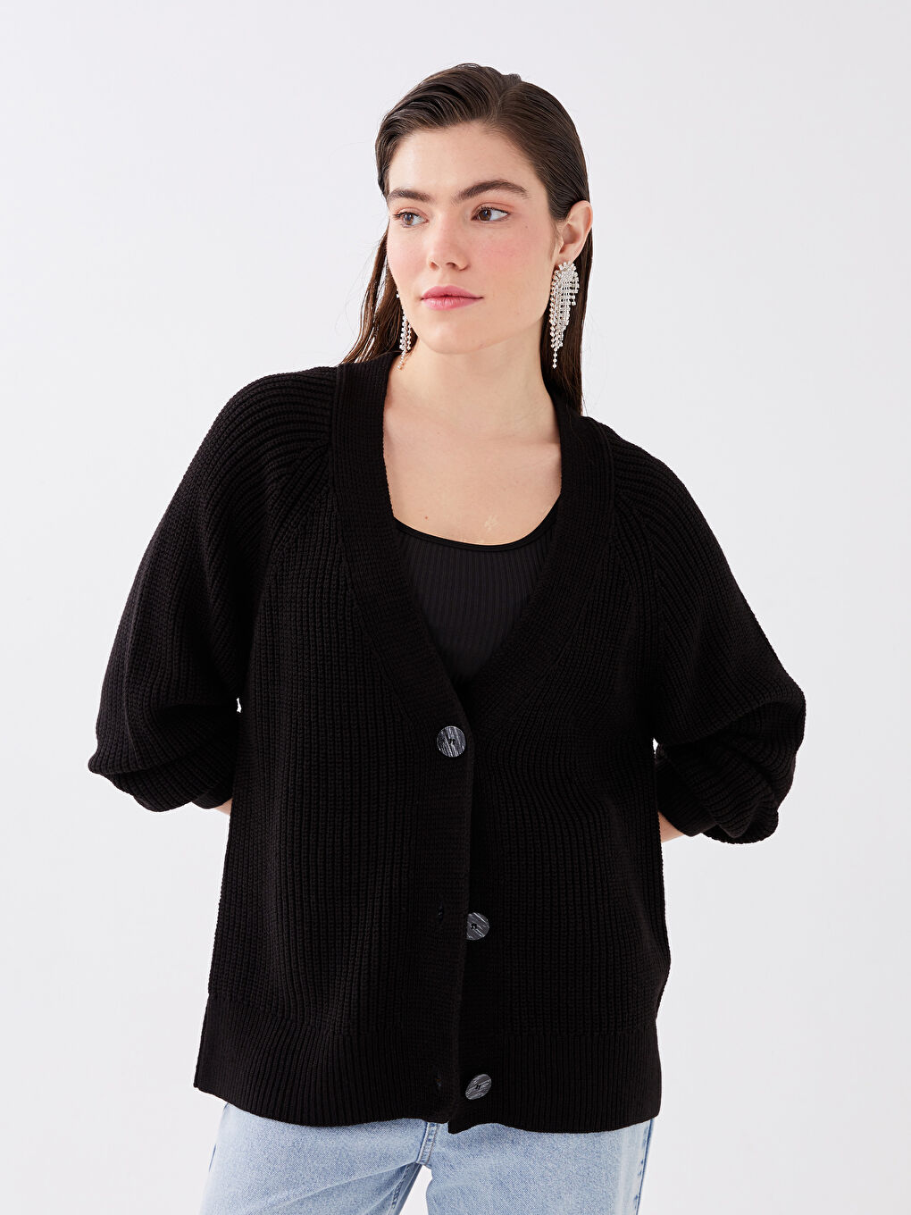 LCW Vision Siyah V Yaka Oversize Kadın Triko Hırka - 1
