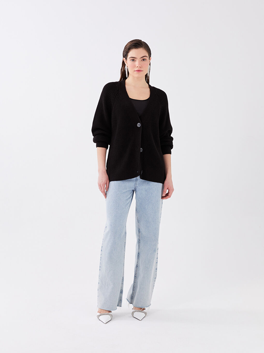 LCW Vision Siyah V Yaka Oversize Kadın Triko Hırka - 2