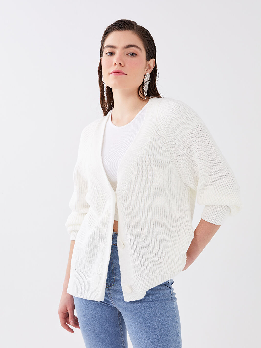 V Neck Regular Long Sleeve Oversize Women's Tricot Cardigan -S3DS32Z8-Q6K