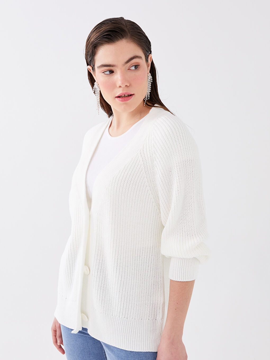 V Neck Regular Long Sleeve Oversize Women's Tricot Cardigan -S3DS32Z8-Q6K