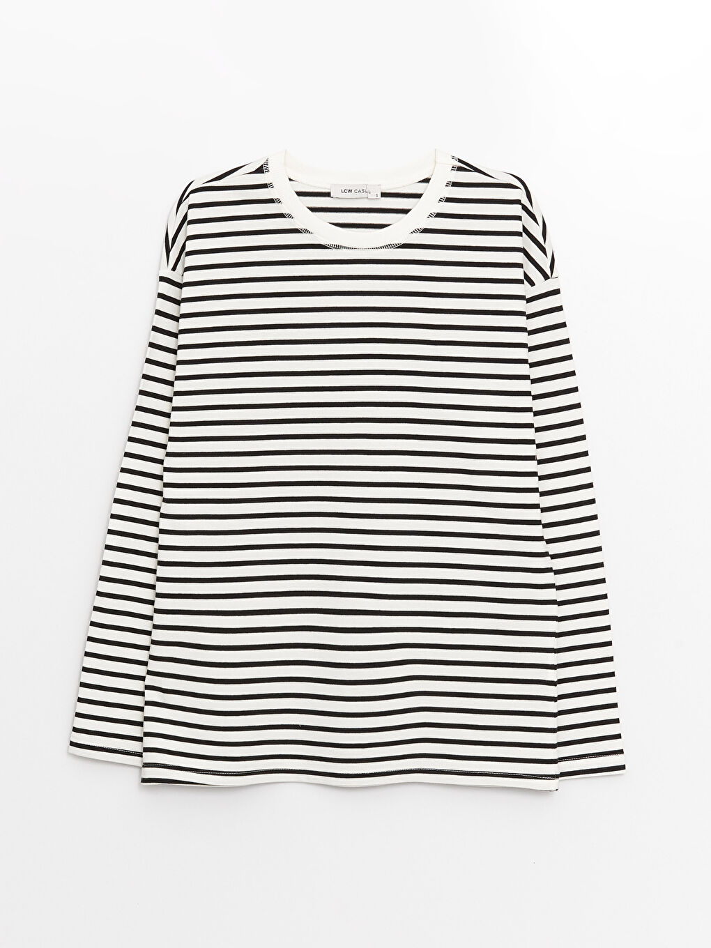 Siyah Bisiklet Yaka Çizgili Uzun Kollu Kadın Tişört-5