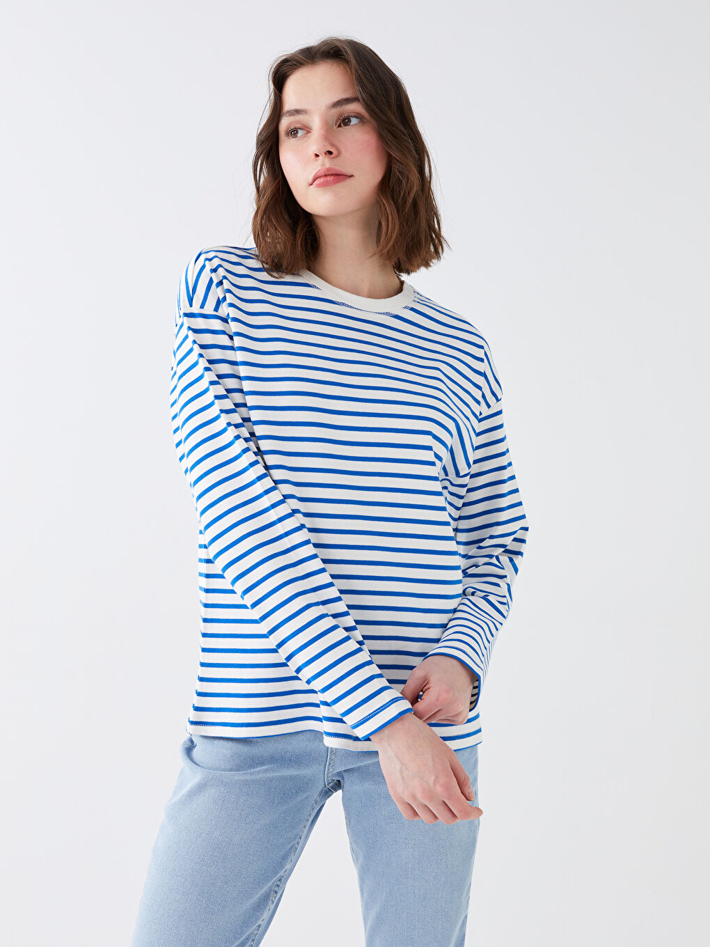 Mavi Bisiklet Yaka Çizgili Uzun Kollu Kadın Tişört-1