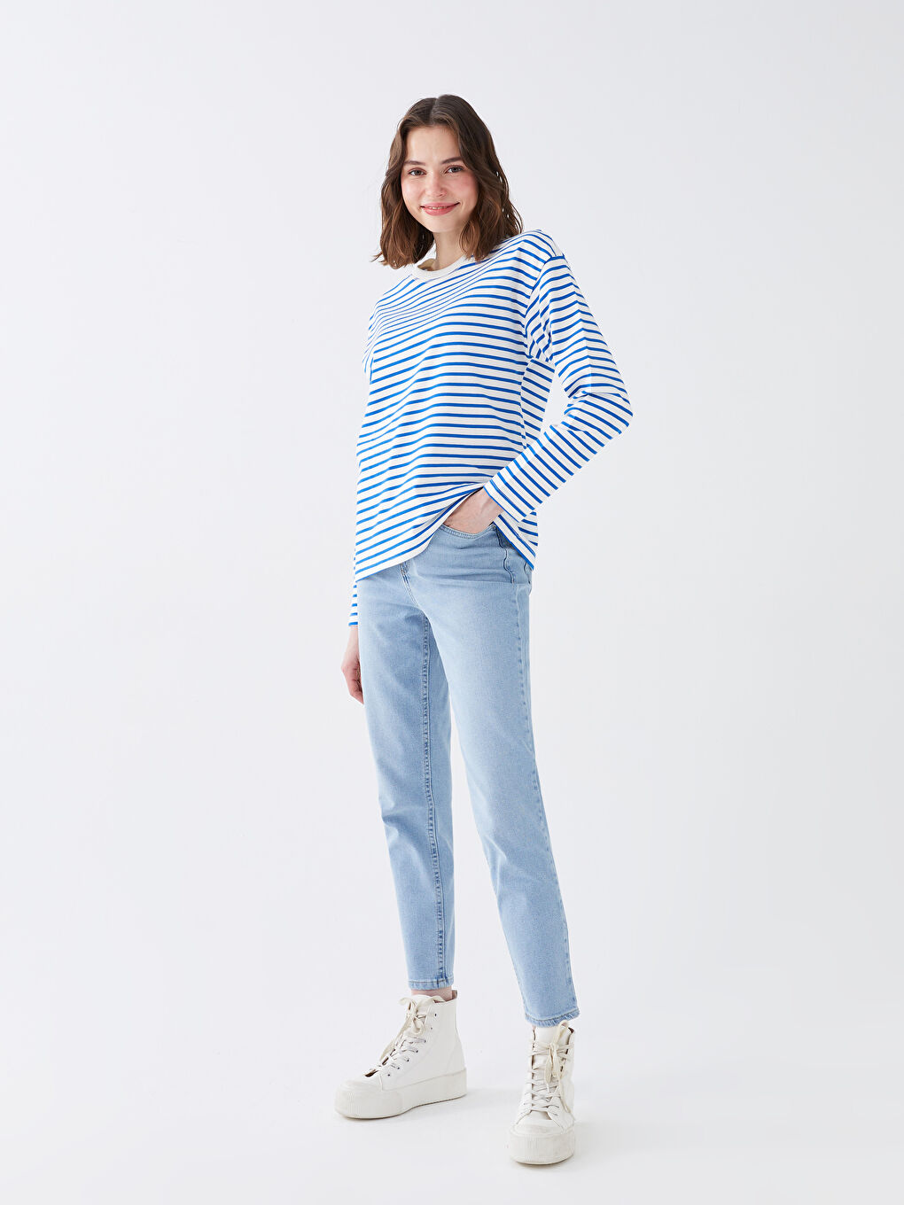 Mavi Bisiklet Yaka Çizgili Uzun Kollu Kadın Tişört-2