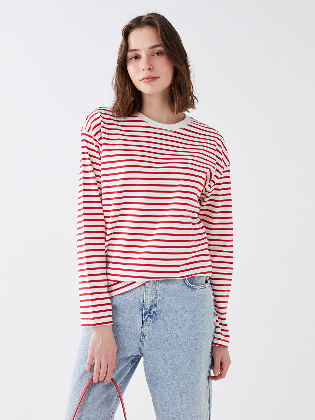 Kırmızı Bisiklet Yaka Çizgili Uzun Kollu Kadın Tişört