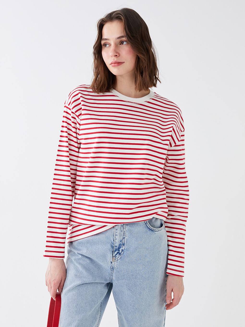 Kırmızı Bisiklet Yaka Çizgili Uzun Kollu Kadın Tişört-1