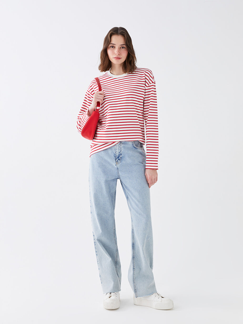 Kırmızı Bisiklet Yaka Çizgili Uzun Kollu Kadın Tişört-2