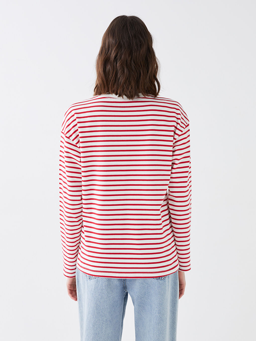 Kırmızı Bisiklet Yaka Çizgili Uzun Kollu Kadın Tişört-4