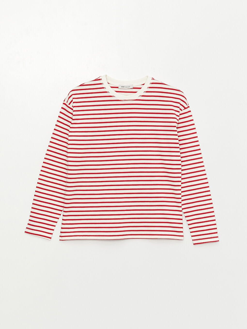 Kırmızı Bisiklet Yaka Çizgili Uzun Kollu Kadın Tişört-5