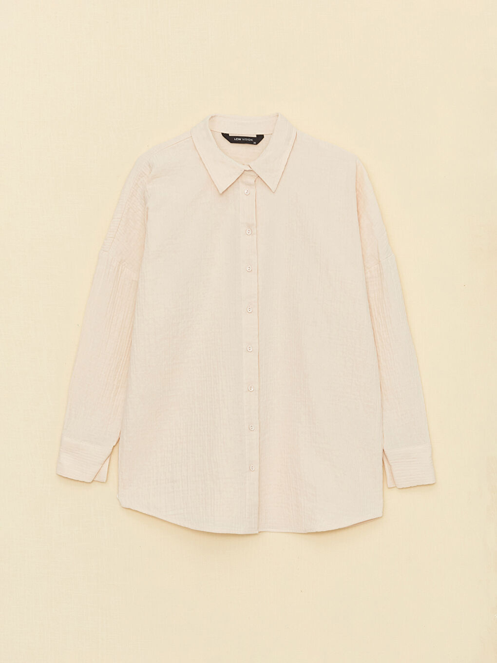 Ekru Düz Uzun Kollu Oversize Müslin Kadın Gömlek-5
