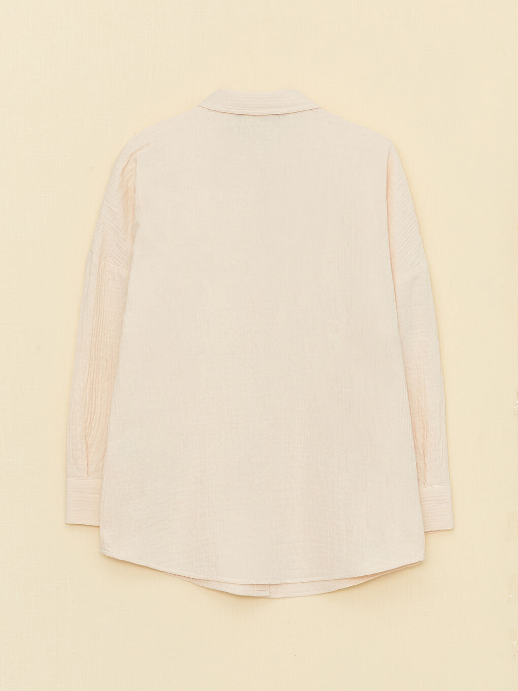 Ekru Düz Uzun Kollu Oversize Müslin Kadın Gömlek-6
