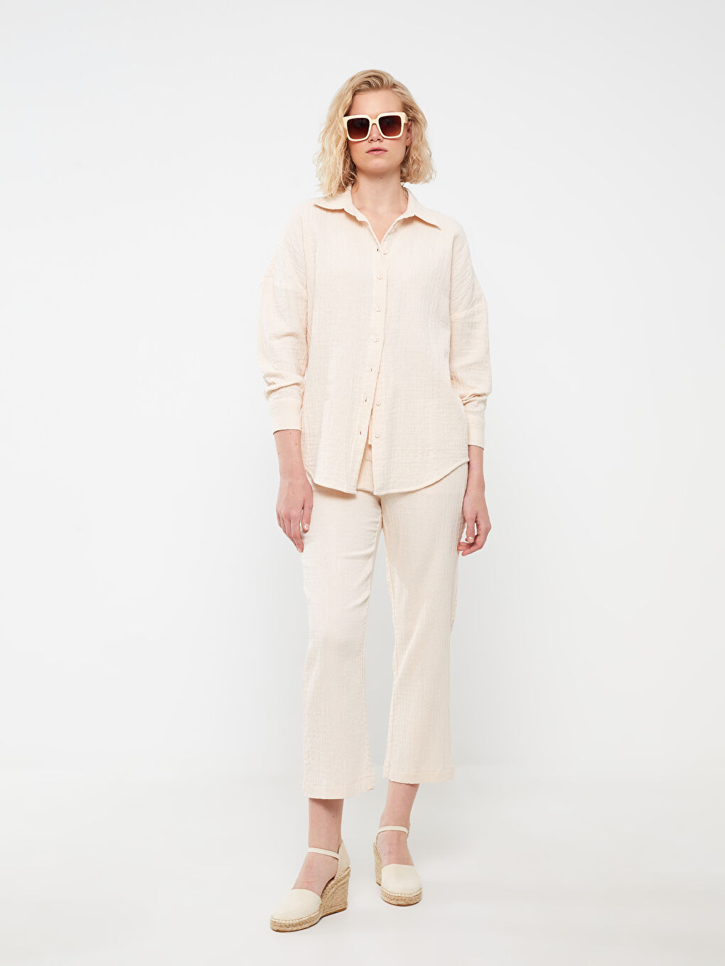 Ekru Düz Uzun Kollu Oversize Müslin Kadın Gömlek-2