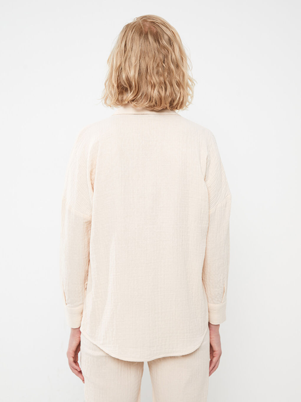 Ekru Düz Uzun Kollu Oversize Müslin Kadın Gömlek-4