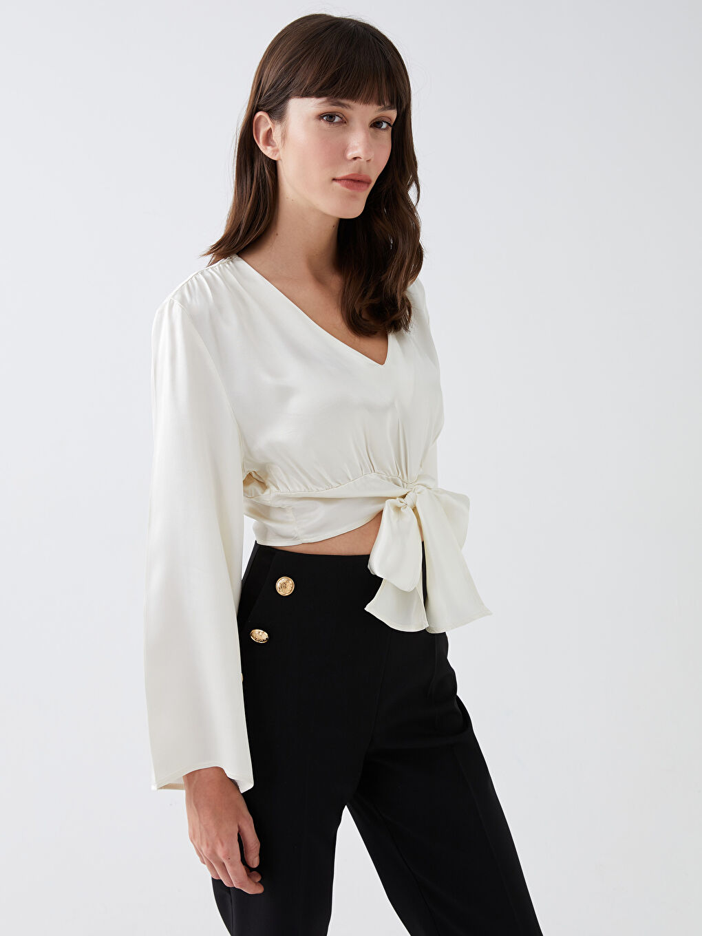 V-Neck Straight Long Sleeve Crop Satin Women's Blouse-1