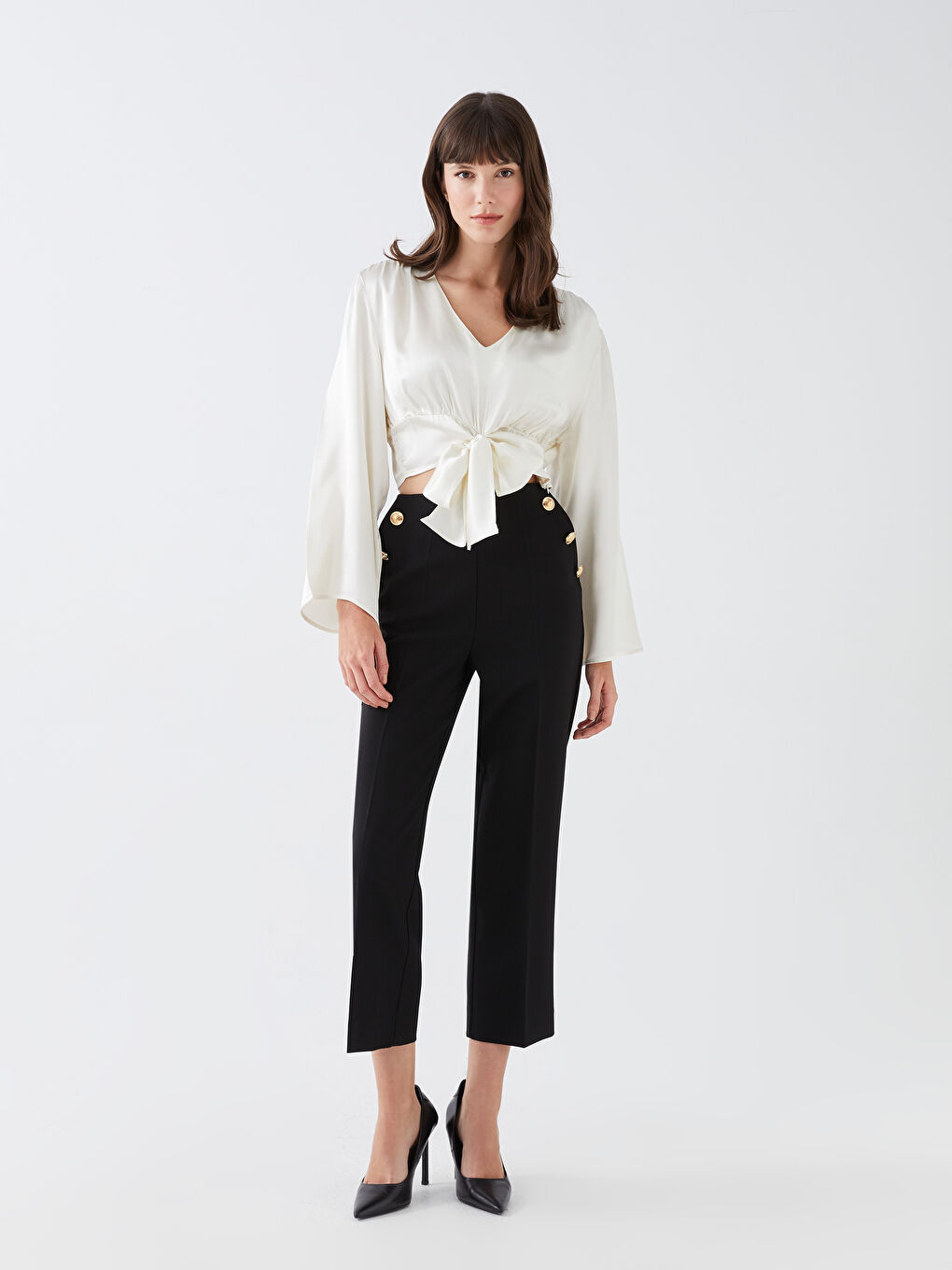 V-Neck Straight Long Sleeve Crop Satin Women's Blouse-2