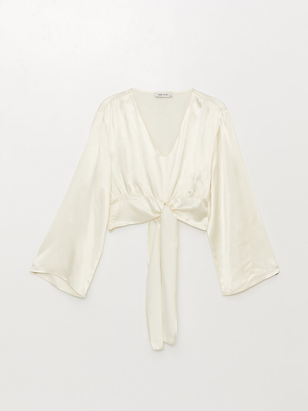 V-Neck Straight Long Sleeve Crop Satin Women's Blouse-5