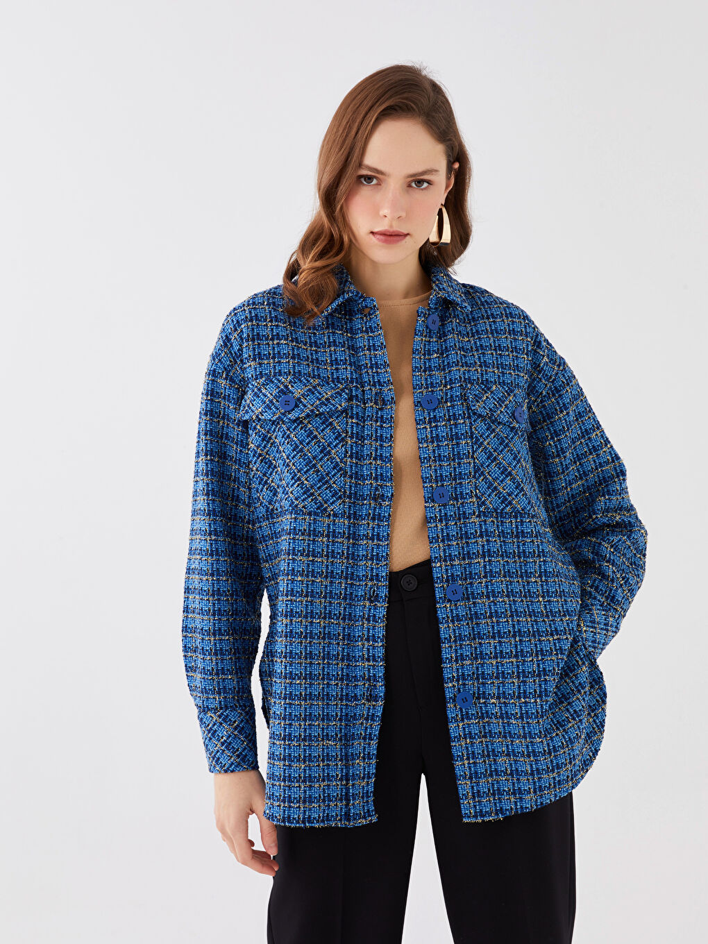 LCW Vision Surchemise Pour Femmes Écossaise Surdimensionnée En Tweed À Manches Longues-1