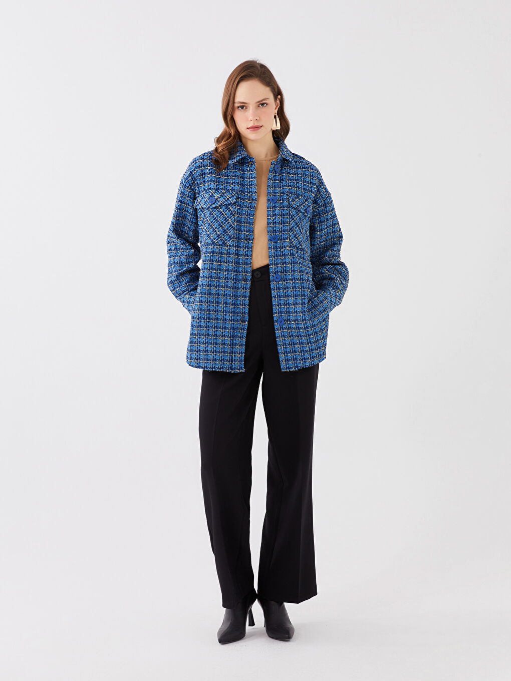 LCW Vision Surchemise Pour Femmes Écossaise Surdimensionnée En Tweed À Manches Longues-2