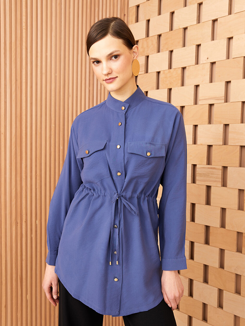 Grandad Collar Plain Long Sleeve Women's Tunic -S3DT08Z8-SGV