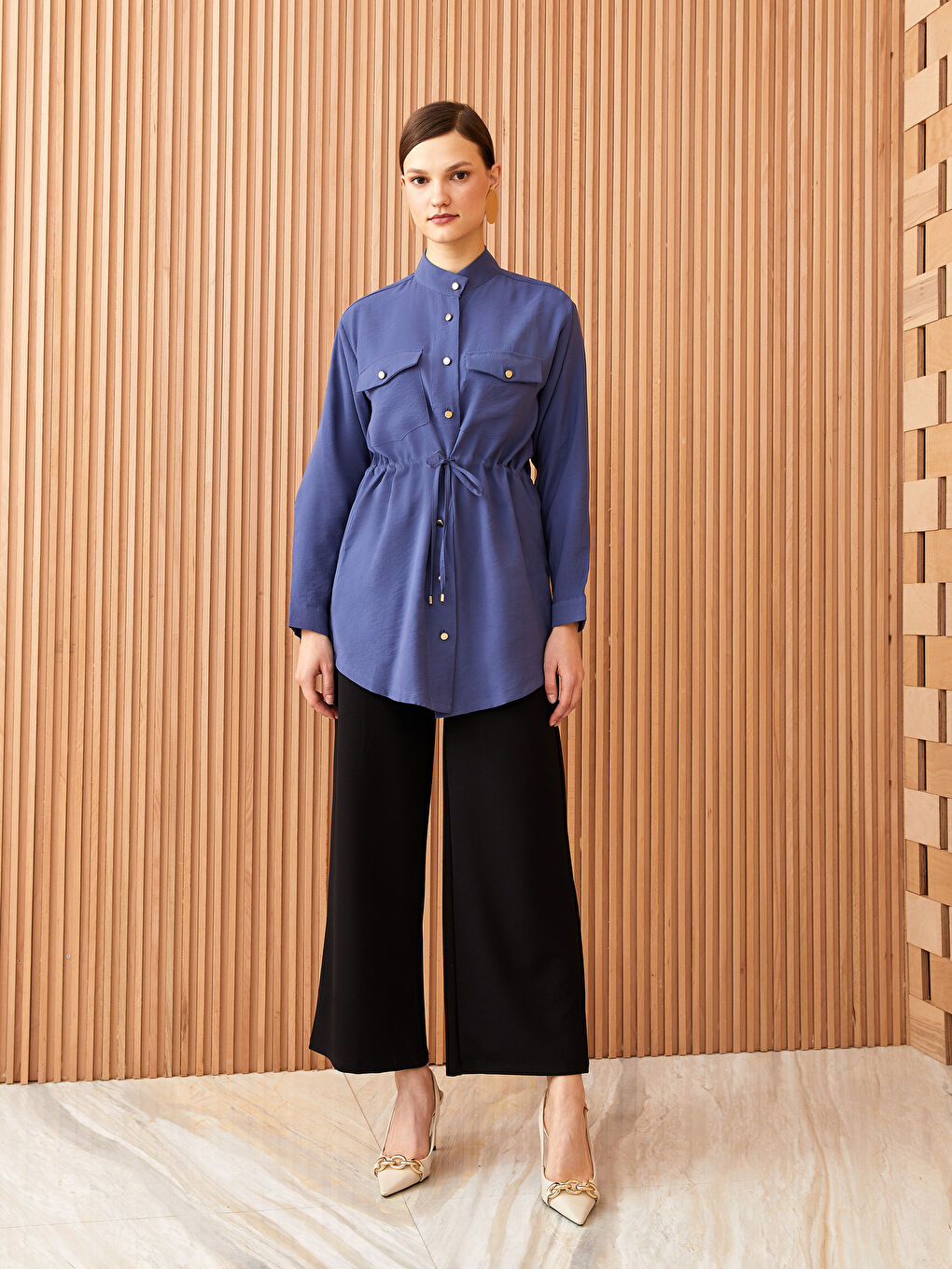 Grandad Collar Plain Long Sleeve Women's Tunic -S3DT08Z8-SGV