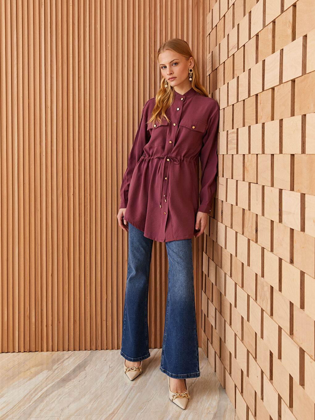 Grandad Collar Plain Long Sleeve Women's Tunic-2