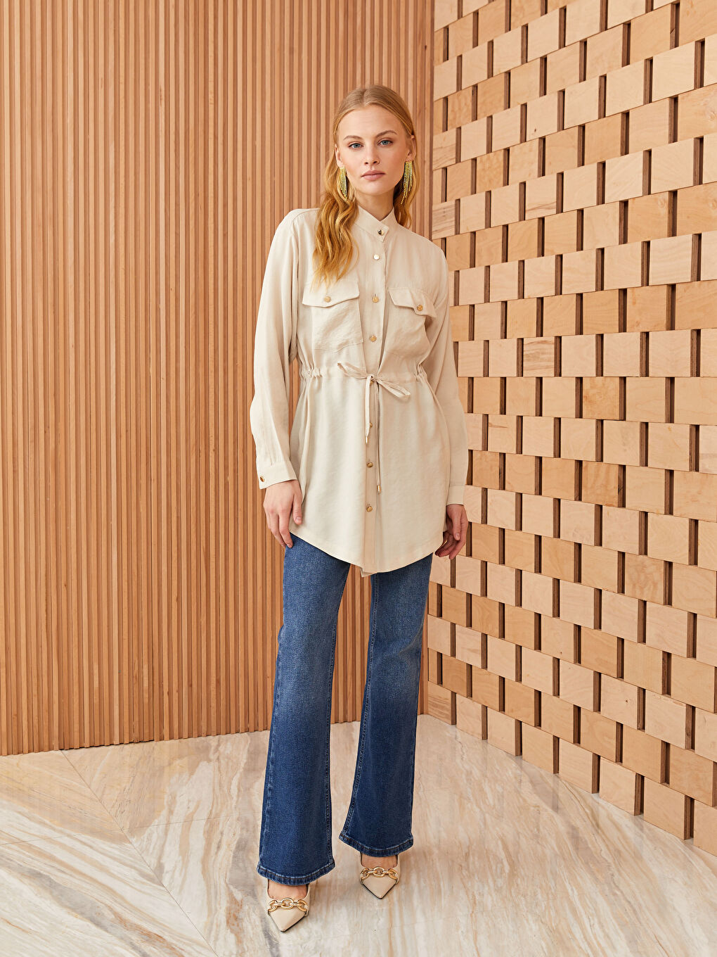 Kahverengi Hakim Yaka Düz Uzun Kollu Kadın Tunik-2