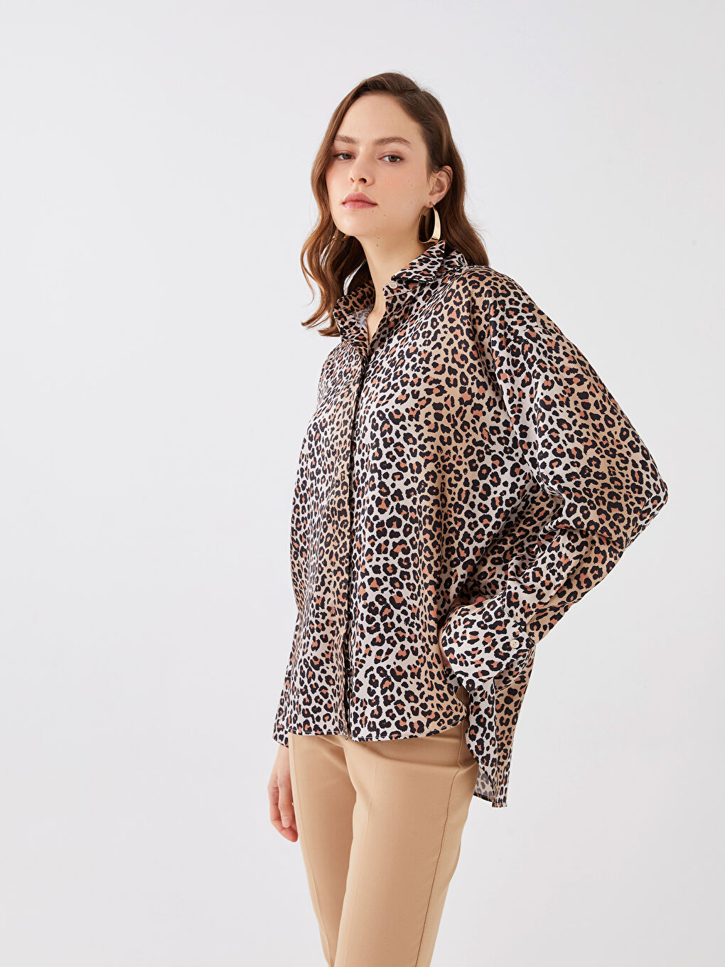 Patterned Oversize Satin Women's Shirt -S3DT11Z8-LQY - LC