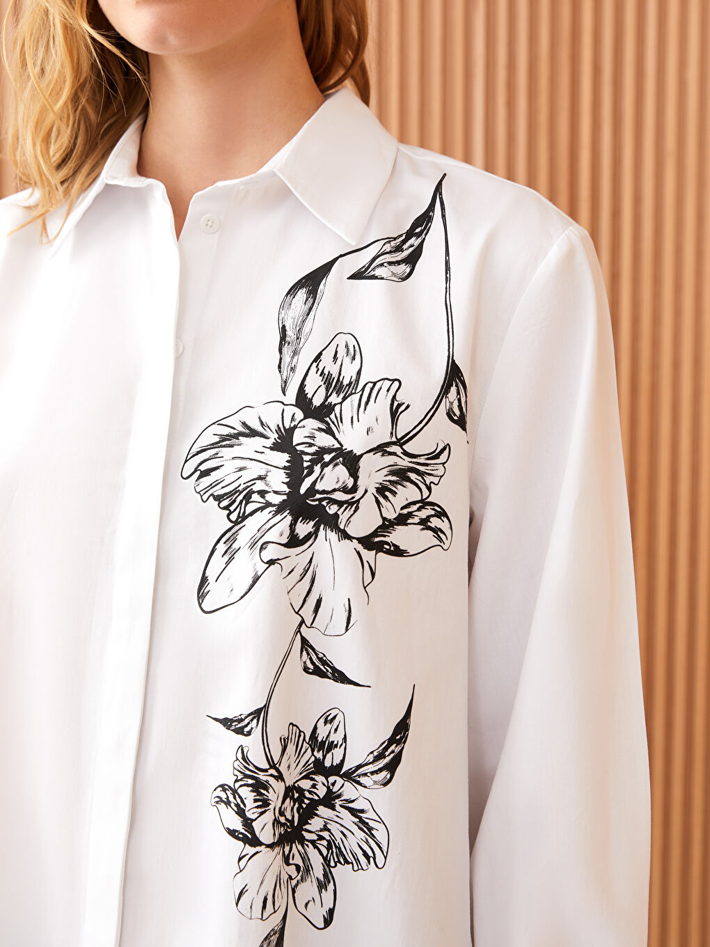 قميص تونيك بوبلين مُزهر كم طويل للسيدات-3